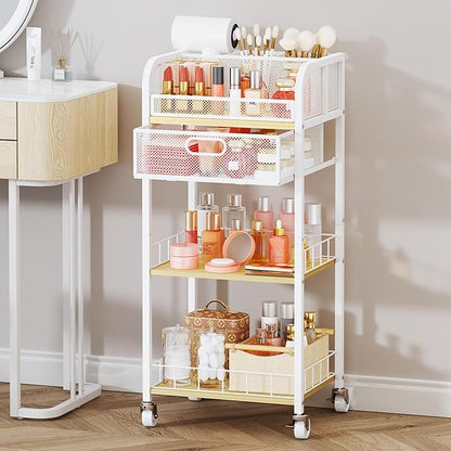 HapiRm Makeup Organizer Storage Cart - 4 Tier Skincare Make Up Storage with Drawer, Rolling Makeup Cart Vanity Organizer Cosmetics Display Cases Holder for Skin Care Perfume Nail Polish Brush