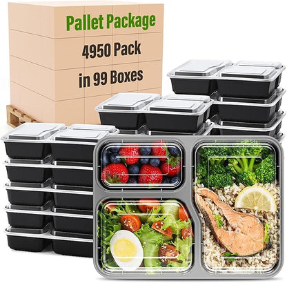 Glotoch 34oz 3-Compartment [1 Pallet-4950 Pack] Meal Prep Containers with Lids, Plastic Food Prep Containers Microwave, Freezer, Dishwasher Safe Leakproof Durable Food Storage Lunch Box To Go Take Out