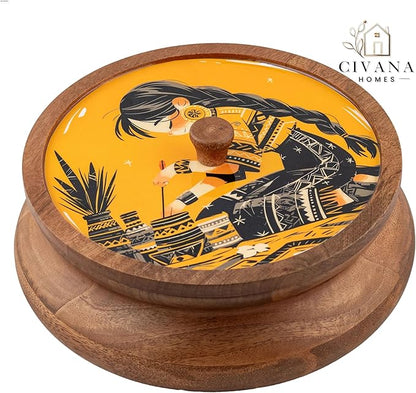 Wooden Spice box for kitchen with spoon, Mango wood box with 7 Steel containers | Masala box for kitchen | Masala Dani | Best Gift (Yellow Masala Box)