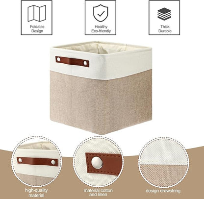 Uiifan 10 Pcs Collapsible Storage Bins Fabric Foldable Storage Basket with Handles Cloth Organizer Linen Shelf Baskets for Shelves Home Closet Nursery Toys(12 x 12 x 12 Inch,Beige and White)