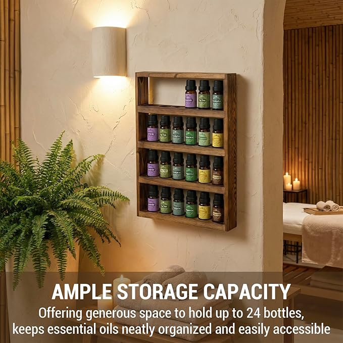 MyGift Vintage Dark Brown Solid Wood Wall-Mounted Essential Oil Holder Rack – 24-Bottle Storage Display Shelf