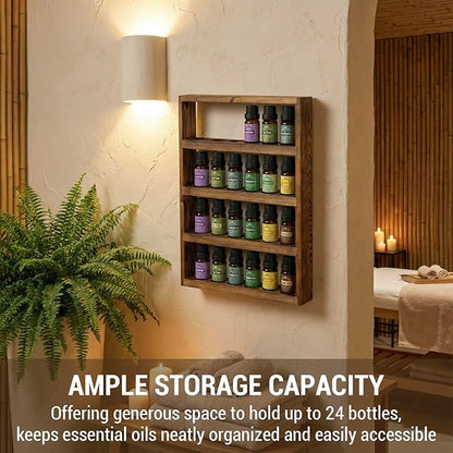 MyGift Vintage Dark Brown Solid Wood Wall-Mounted Essential Oil Holder Rack – 24-Bottle Storage Display Shelf