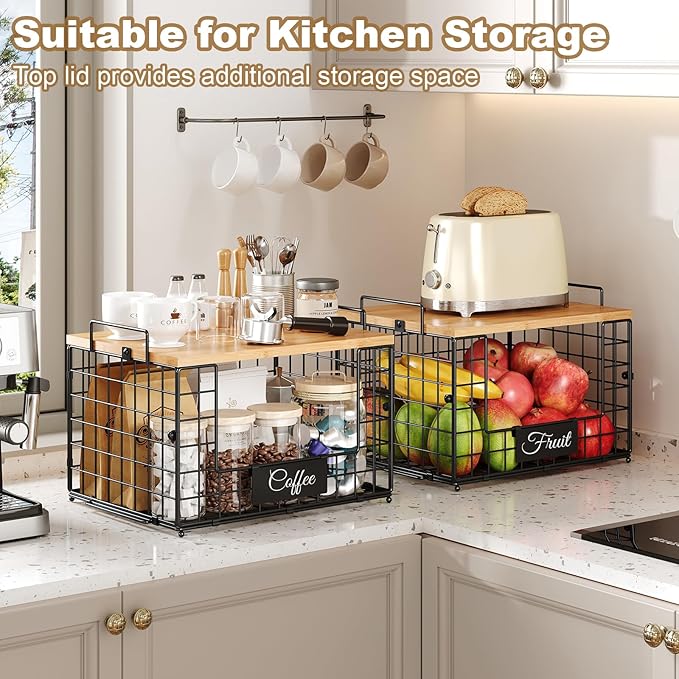 keomaisyto Pantry Organizers and Storage, 2 Set XXL Stackable Wire Baskets with Wooden Tops & Tags, Kitchen Counter Organizers Bins for Potato, Onion, Produce, Fruit, Vegetable