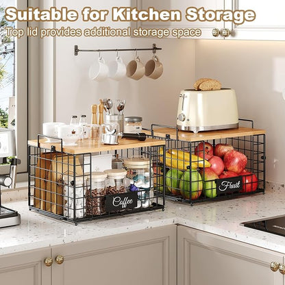 keomaisyto Pantry Organizers and Storage, 2 Set XXL Stackable Wire Baskets with Wooden Tops & Tags, Kitchen Counter Organizers Bins for Potato, Onion, Produce, Fruit, Vegetable