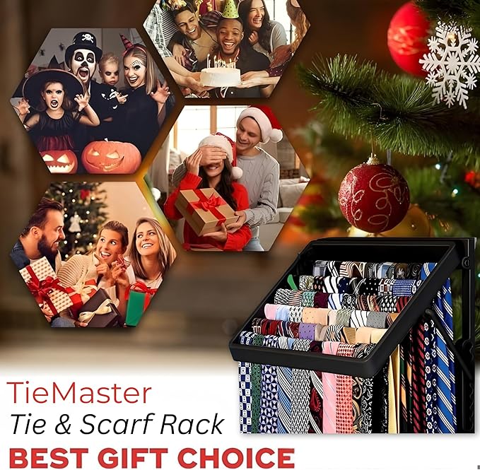 TieMaster Tie Rack and Scarf Organizer, Battery-Free Design, Holds 60 Ties and Scarves with 5 Belt Hooks, Easy Installation, Wall Mounted Tie Organizer, Luxury Gift for Men & Women