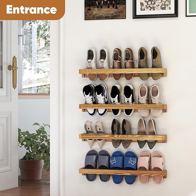 Nisorpa 30 Inch Rustic Burnt Wood Hanging Shoe Rack, Wall Mounted Shoe Rack Storage Organizer Space Saving Footwear Holder for Closet, Mudroom, Entryway, Holds 12 Pairs, Set of 4
