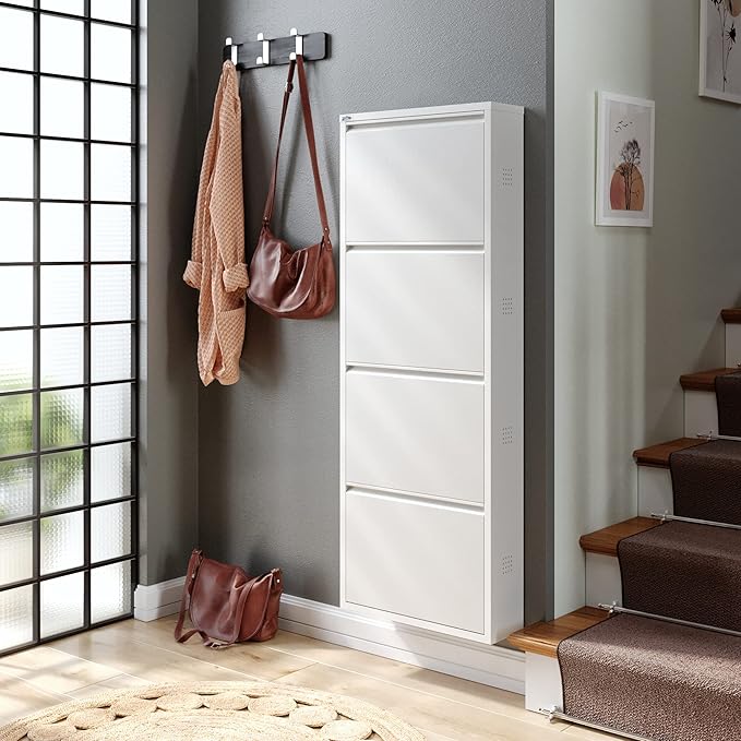 CEHA 4 Tier Metal Shoe Cabinet with Cover, Durable Shoe Storage Organizer for Entryway, Space Saving Shoe Shelf Closet with Side Ventilation Holes, 5.91" x 53.5" x 19.68", White