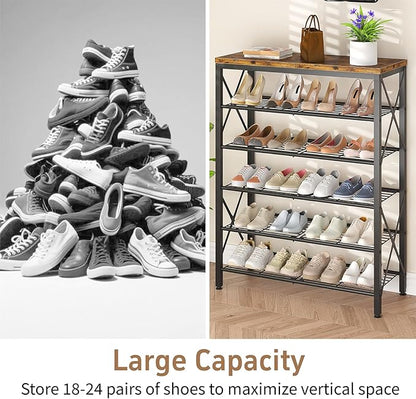 6-Tier Shoe Rack Organizer, Large Capacity Shoe Shelf with Metal Shelves, Holds up to 24 Pairs of Shoes, Shoe Storage for Entryway Closet Bedroom, Rustic Brown