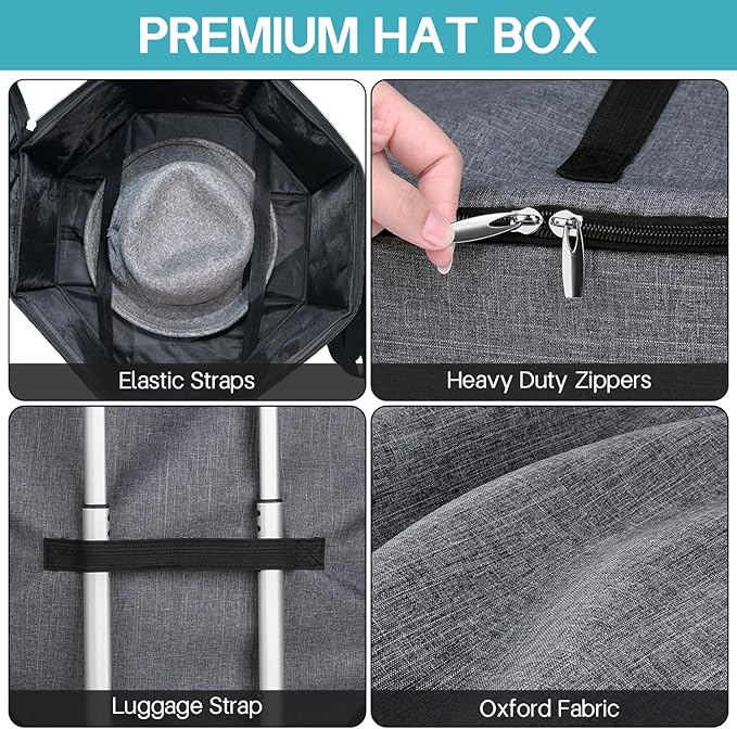 SLEEPING LAMB Hat Box for Travel and Storage, Collapsible Cap Case for Mens Fedora Organizer, Hat Storage Box for Men and Women for Closet, Cap Carrier with Handles, Grey