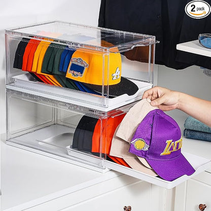 Vtopmart 2 Pack Hat Organizer for Baseball Caps, Clear Hats Holder Box with Drawer, Large Cap Storage with Sliding Tray, Stackable Rack Display Case with Magnetic Door, Each Holds 12 Hats