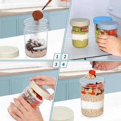 Xyptorix 16 oz Overnight Oats Containers with Airtight Lids - 6-Pack Leak-Proof Wide Mouth Mason Jars & Divided Cups for Dried and Wet Foods, Glass Jars for Chia Pudding, Salad, Snacks, and Yogurt