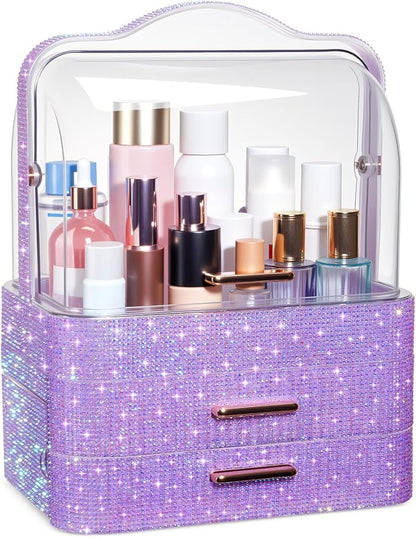 Honeydak Bling Makeup Organizer for Mothers Day Nurses Day Birthday Gifts Rhinestone Cosmetic Display Cases with Transparent Cover, Skincare Perfume Organizer for Countertop, Desk(Purple,Rhinestone)
