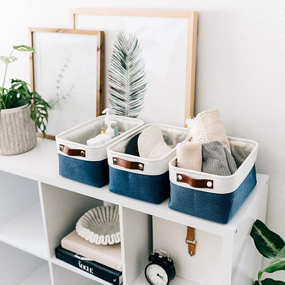 OrganiHaus 12x8in Canvas Storage Baskets 3 Pack | SMALL Fabric Bins for Shelves | Pantry & Bathroom Organizer | Navy Blue/Off-White