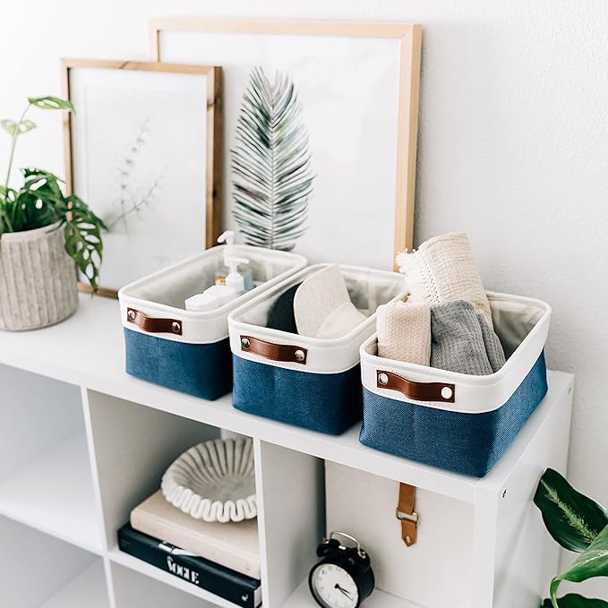 OrganiHaus 12x8in Canvas Storage Baskets 6 Pack | SMALL Fabric Bins for Shelves | Pantry & Bathroom Organizer | Navy Blue/Off-White