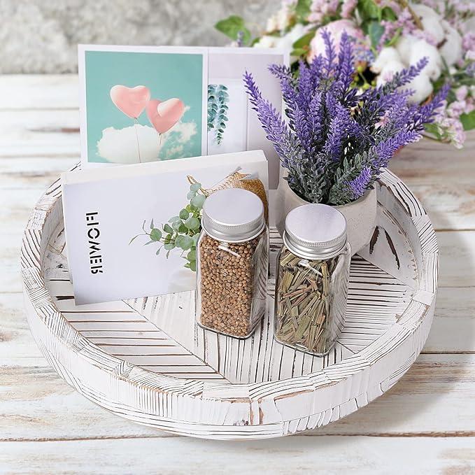 12 Inch Rustic Farmhouse Wood Lazy Susan Turntable for Table, Tomoaza White Herringbone Decorative Turntable Tray, Dining Table Centerpiece and Cabinet Organizer