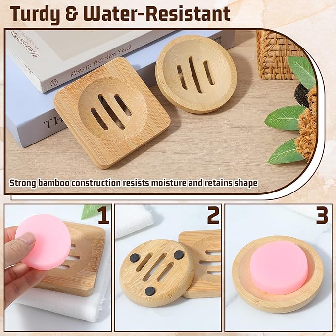 Ymapinc 2-Pack Natural Bamboo Soap Holder, Round+Square Bamboo Soap Dish & Shower Steamer Holder, Wood Tray for Home Shower Bathroom