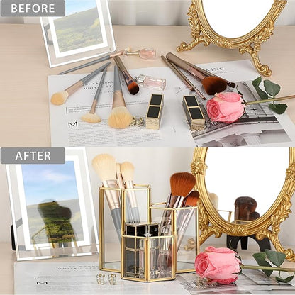 Hipiwe Glass Makeup Brush Holder 3 Slot Mirrored Gold Cosmetics Brush Organizer Eyeliners Display Case Vintage Decorative Makeup Storage Box Desktop Pen Pencil Pot, Large
