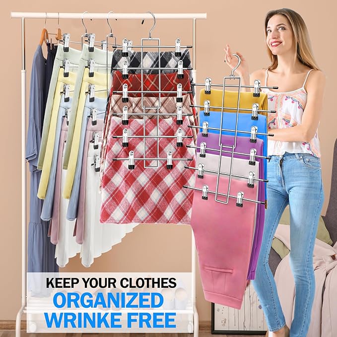 4 Pack Closet-Organizers-and-Storage, Metal Closet-Organizer-Pants-Hangers-Space-Saving, 6 Tier Organization and Storage Short Skirt Hangers Clip, Dorm Room Essentials for College Students Girls Boys