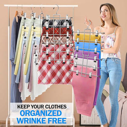4 Pack Closet-Organizers-and-Storage, Metal Closet-Organizer-Pants-Hangers-Space-Saving, 6 Tier Organization and Storage Short Skirt Hangers Clip, Dorm Room Essentials for College Students Girls Boys