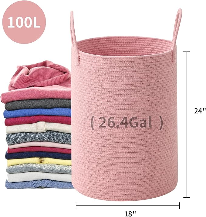 Laundry Basket Hamper Tall Rope Storage Woven for Blanket toys Dirty Clothes in Living Room Bathroom Bedroom (Pink, 100L/26.4Gal)
