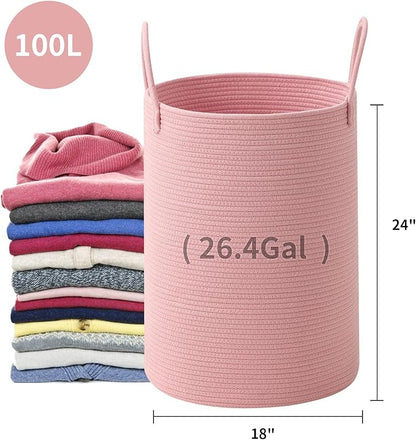 Laundry Basket Hamper Tall Rope Storage Woven for Blanket toys Dirty Clothes in Living Room Bathroom Bedroom (Pink, 100L/26.4Gal)