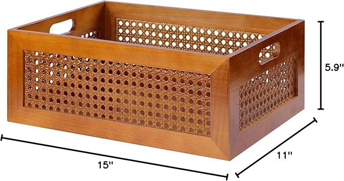 Wooden Storage Basket Handmade Rattan Drawer Storage Box with Frame & Handles Decorative Natural Bamboo Woven Bins Rustic Farmhouse Decor Home Office Tabletop Shelf Organizer 15" x 11" x 5.9"