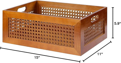Wooden Storage Basket Handmade Rattan Drawer Storage Box with Frame & Handles Decorative Natural Bamboo Woven Bins Rustic Farmhouse Decor Home Office Tabletop Shelf Organizer 15" x 11" x 5.9"