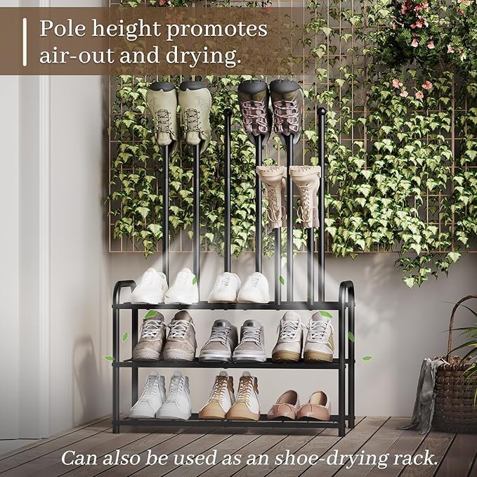 Kitsanery Shoe Rack - 3-Tier Metal Boot Rack Organizer for Entryway, Closet & Garage, Free Standing Shoe Shelf for Storage Tall Boots, Sneakers, Cowboy Boots, Black (Medium - 6 Pairs)