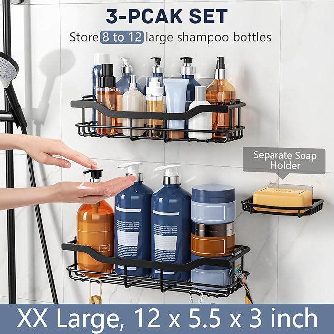 OMAIRA 3-Pack Shower Caddy with Soap Holder, Adhesive Rustproof No-drill Strudy Loading Inside Shower Organizer Shelves Rack Storage Bathroom Organization for Smooth Wall Glass Tile, Black (X-Large)