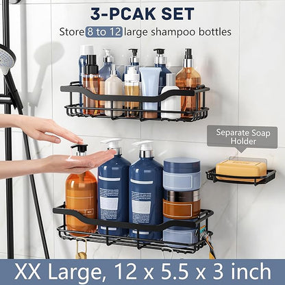OMAIRA 3-Pack Shower Caddy with Soap Holder, Adhesive Rustproof No-drill Strudy Loading Inside Shower Organizer Shelves Rack Storage Bathroom Organization for Smooth Wall Glass Tile, Black (X-Large)