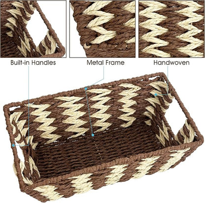 Paper Rope Storage Baskets for Shelves Organizing, Small Hand Woven Wicker Organizer Basket with Handle for Bathroom Toilet Paper Storage, Beige and Brown, 3-Pack