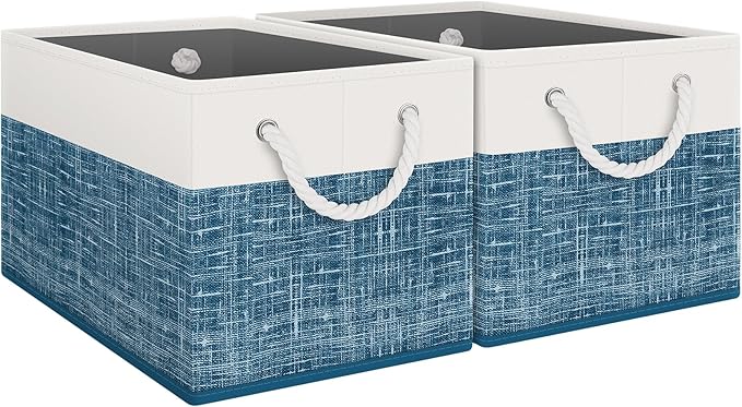 Fab totes Storage Bins 2-Pack, Foldable Storage Baskets for Organizing Toys, Books, Shelves, Closet, Large Storage Box with Rope Handles, Sturdy Organizer Bins, White & Blue