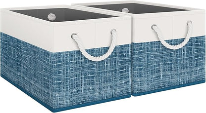 Fab totes Storage Bins 2-Pack, Foldable Storage Baskets for Organizing Toys, Books, Shelves, Closet, Large Storage Box with Rope Handles, Sturdy Organizer Bins, White & Blue