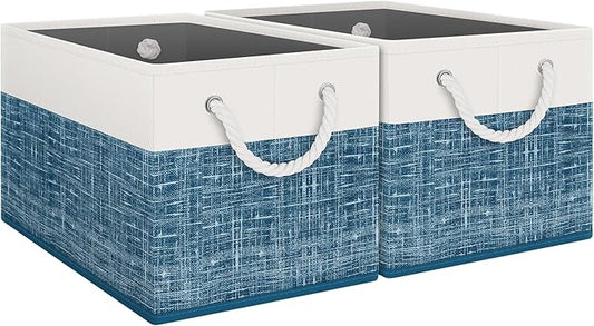 Fab totes Storage Bins 2-Pack, Foldable Storage Baskets for Organizing Toys, Books, Shelves, Closet, Large Storage Box with Rope Handles, Sturdy Organizer Bins, White & Blue