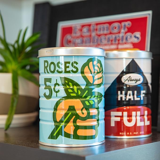 Retro Tin Can, Studio MPLS Designs, Collectable, Peel & Stick Valved End with Metal Lid, 8-12oz (4.0625 x 5.5 in) (Get a Grip Design)