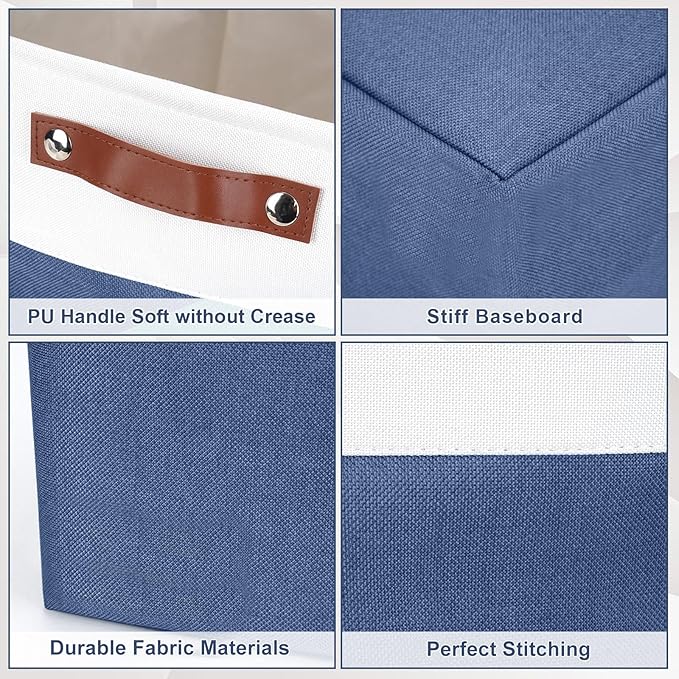 Bagnizer Storage Bins Large Fabric Storage Baskets for Shelves 3 Pack, Decorative Linen Closet Baskets with Handles for Organizing, Shelf, Clothes, Home, Office, 15x11x9.5Inches (NavyBlue&White)