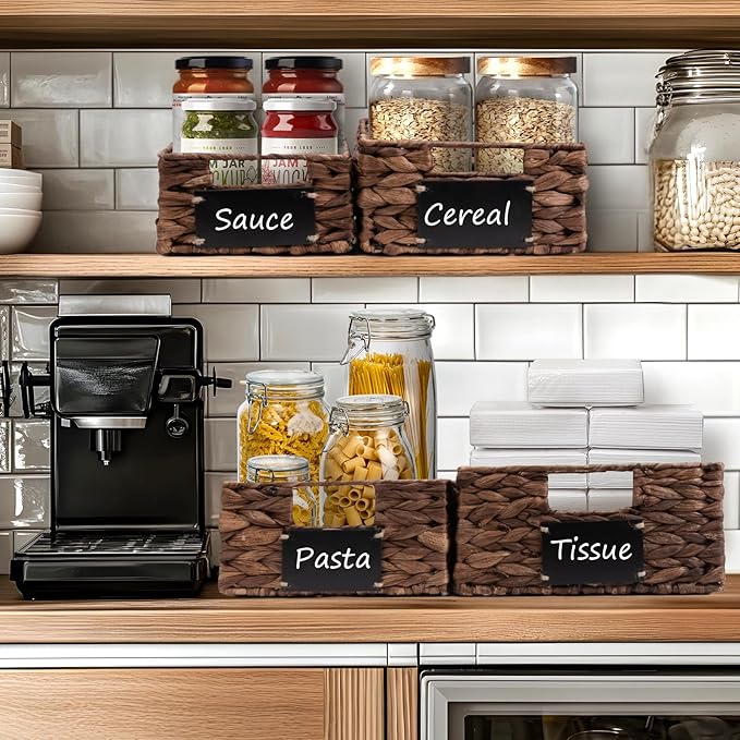 Set of 4 Sizes Hand-Woven Pantry Shelf Baskets, Hyacinth Storage Baskets with Chalkboard Labels & 2 Chalk Markers, Wicker Nestable Basket Set for Organizing Pantry Kitchen Laundry Shelves (Brown)