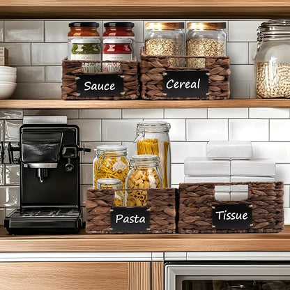 Set of 4 Sizes Hand-Woven Pantry Shelf Baskets, Hyacinth Storage Baskets with Chalkboard Labels & 2 Chalk Markers, Wicker Nestable Basket Set for Organizing Pantry Kitchen Laundry Shelves (Brown)