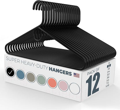 Super Heavy Duty Clothes Hangers 12 Pack – Made in the USA - 10lb Capacity, Thick Plastic Hangers for Pants, Coats, Jackets, Jeans and Adult Clothing – Black