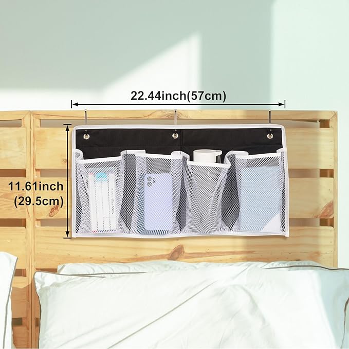 Pndeyo Bed Hanging Shoe Organizers with 3pcs Hooks, 4 Mesh Pocket Bedside Hanging Shoes Holder, Behind Door Storage Pockets for RV Dorm Entryway Bedroom Closet