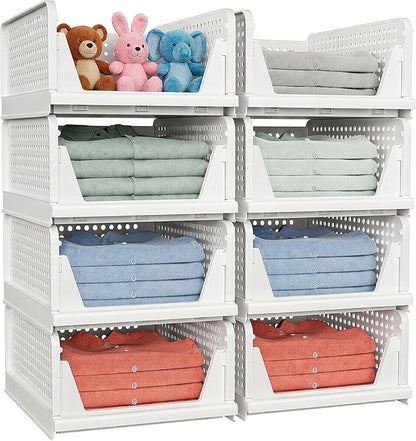caktraie 4 Pack Stackable Closet Storage Basket - Stackable Storage Bins, Multifunctional & Foldable Closet Organizer Divided, Wardrobe Cupboard Space-Saving Clothes Storage Hat Organizer, White