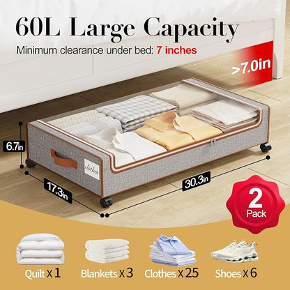 Yecaye Under Bed Storage with Wheels, 2 Pack Under the Bed Storage Containers with Lids & Label, XXL 60 L Rolling Underbed Storage Drawers for Clothes, Blankets, Shoes