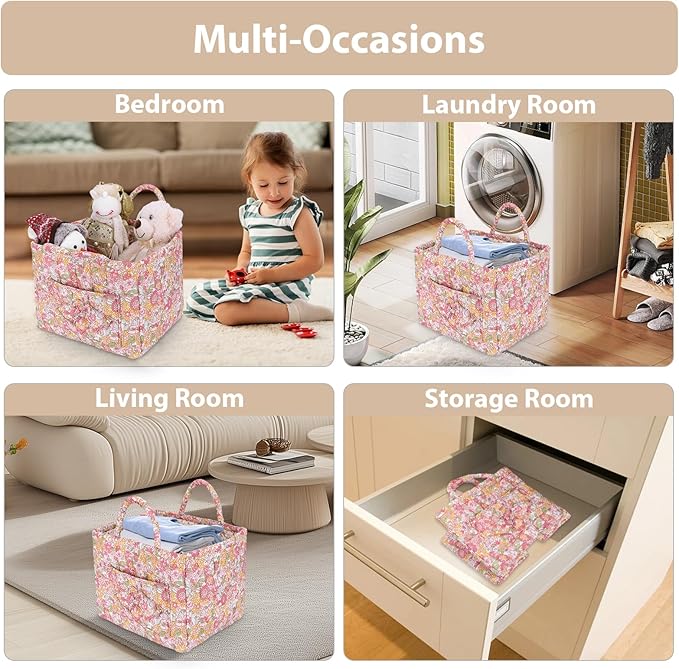 Storage Basket Boho Fabric Large Collapsible Floral Laundry Nursery Hamper Portable Folding Storage for Clothes Toys (Yellow)