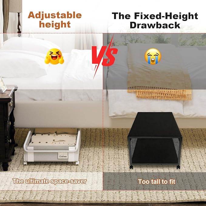 2Pack Under Bed Storage with Wheels,5.2"-6.5" Adjustable Height Underbed Storage,Low Profile Under Bed shoe Storage,Rolling Under Bed Clothes Storage,Shallow Under Bed Drawers for Blankets,Toys