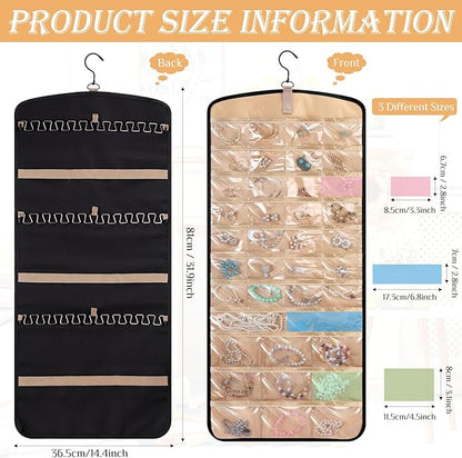 4 Pack Hanging Jewelry Organizer Storage with 39 Pockets, 30 Necklace Hooks Double Sided Wall Mount Earring Holder Organizer Bracelet Necklace Jewelry Display Hanger for Closet Door (Black)