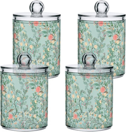 Vintage Floral Green 2 Pack Qtip Holder Dispenser for Cotton Ball, Swab, Pads - Clear Plastic Apothecary Jars with Lids for Bathroom Organizer, 10 oz