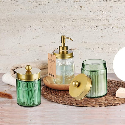 Amolliar Sage Green Apothecary Glass Jar With Metal Lid & Stickers, Bathroom Qtip Holder Storage Canister, Farmhouse Decor for Cotton Balls, Cotton Swabs, Round Pads, Bath Salt, Floss,Gold 4 Pack