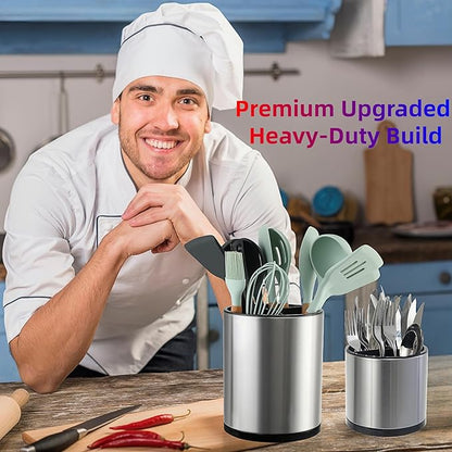 LIBODOUR Kitchen Utensil Holder Extra Large Rotating For Counter Organizer Stainless Steel Storage Cooking Silverware Caddy 3 Compartment Flatware Spoon Spatula Tool Cutlery Container（2 Set Silvery）