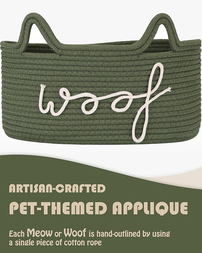 Sea Team Dog Toy Basket with Handles, 16.5 x 11 x 7 Inches, 4.4 Gallons Large Cotton Rope Storage Bin, Box, Shelf Organizer for Pet Chew Toys, Foods, Green Woof