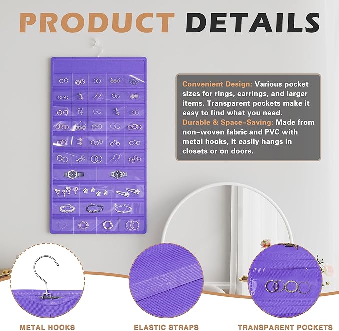 Hanging Jewelry Organizer Storage Roll, Double-Sided Necklaces Holder, 42 Pockets Plus 36 hooks Earrings Organizer Hang in Closet, On Wall, or Doors, Purple